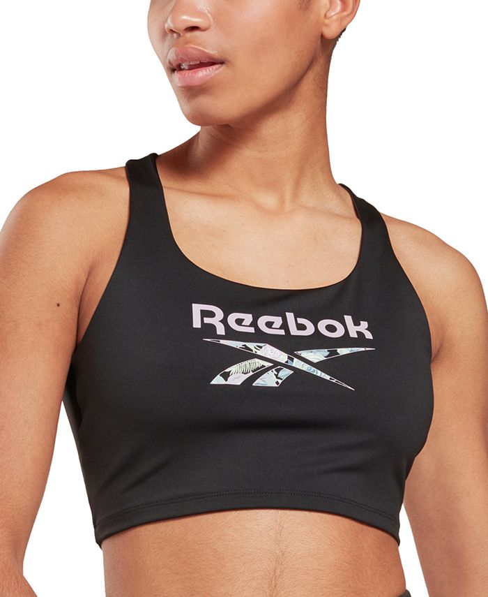 Reebok Women's Low Impact Floral Print Logo Sports Bra Black Size Large
