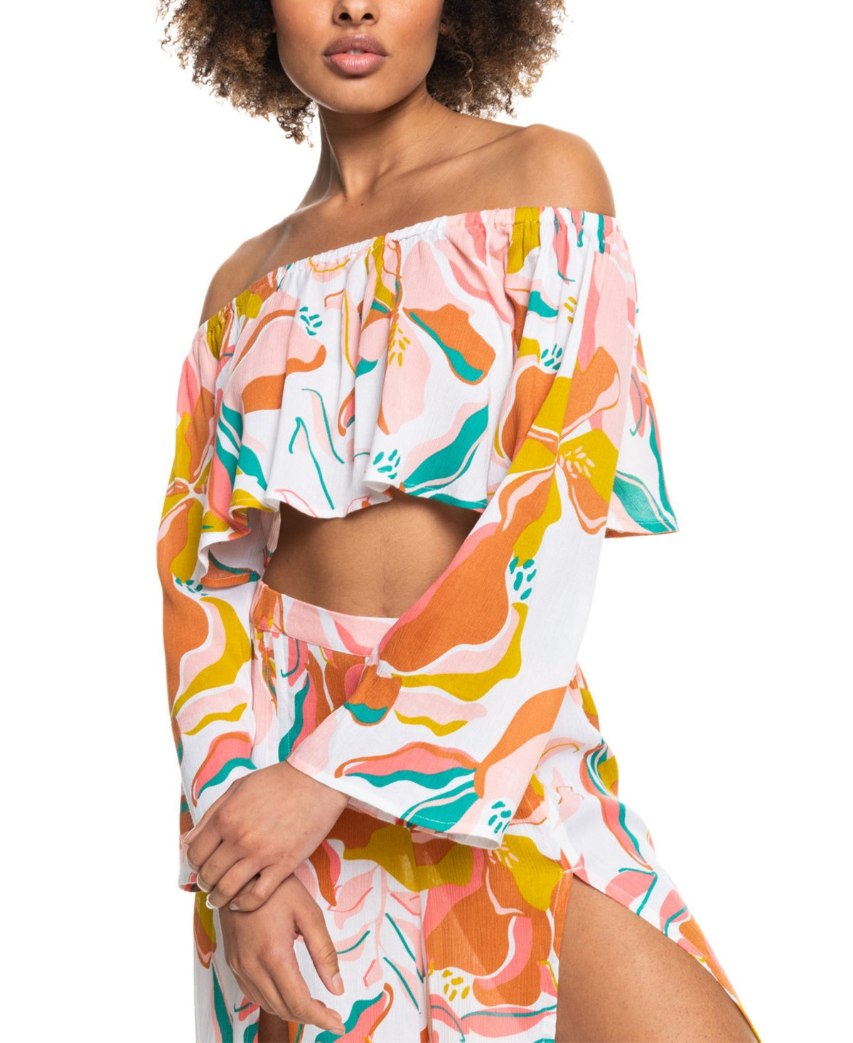 Roxy Women's Your Worth Print Off The Shoulder Crop Top Brown Size Large