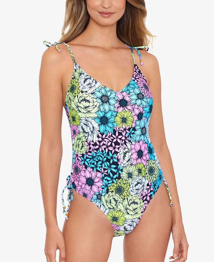 Salt + Cove Junior's BlossoSide Shirred Shoulder Ties Swimsuit Blue Size Medium