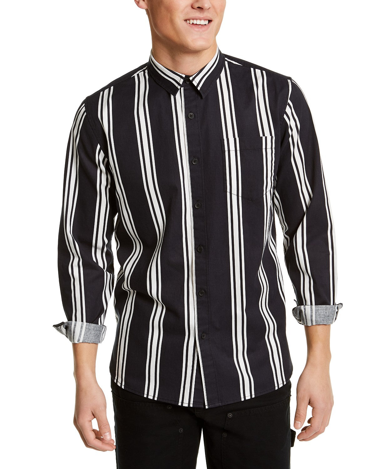 Sun + Stone Men's Vertical Striped Shirt Black Size Extra Large