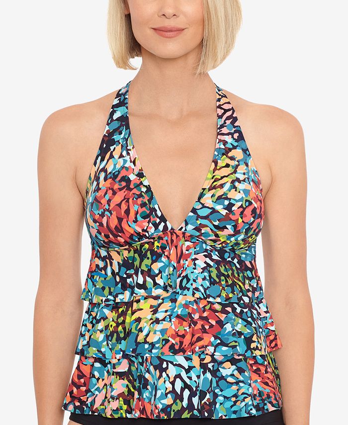 Swim Solutions Women's Halter Triple Tier Tankini Top Swimsuit Black Size 16