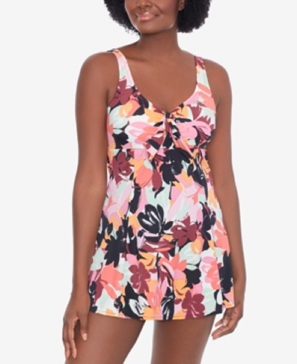 Swim Solutions Women's Printed Stretch Tummy Control Bust Support Waist Minimizer Sweetheart Fixed Cups Swimdress Black Size 8