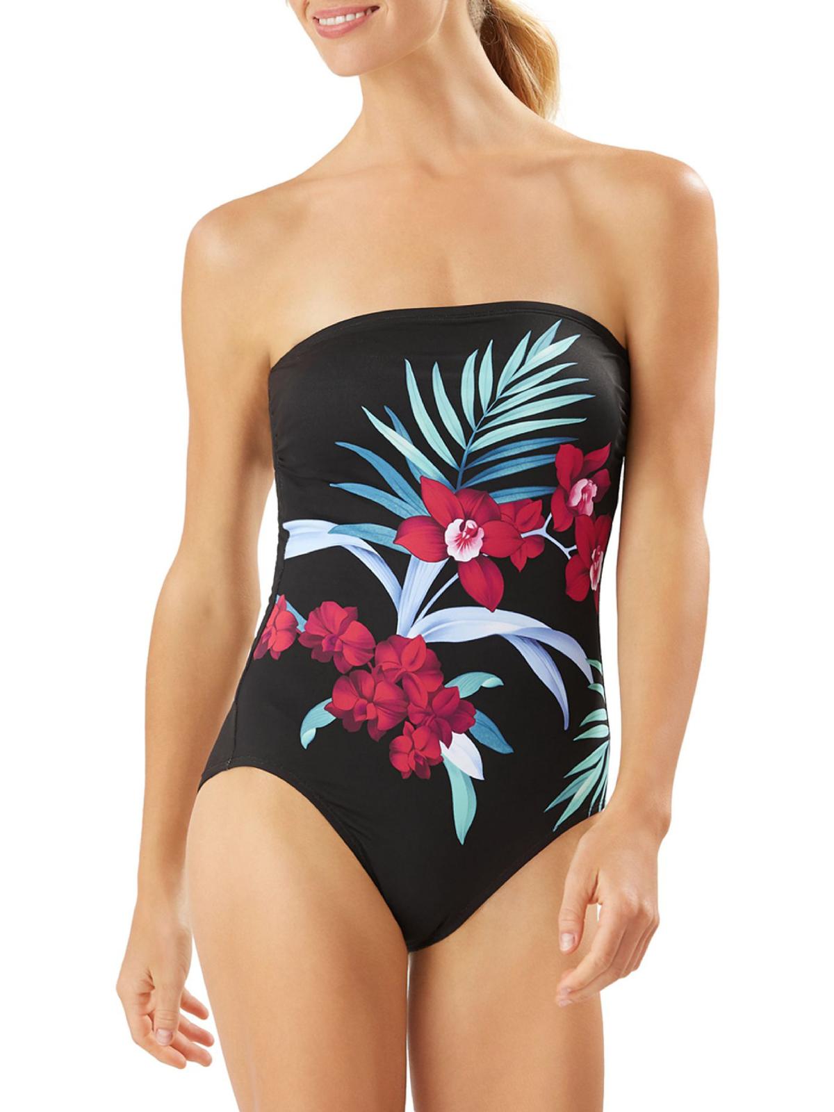 Tommy Bahama Women's Midnight Orchid Bandeau Tummy-Control One-Piece Swimsuit Black Size 8