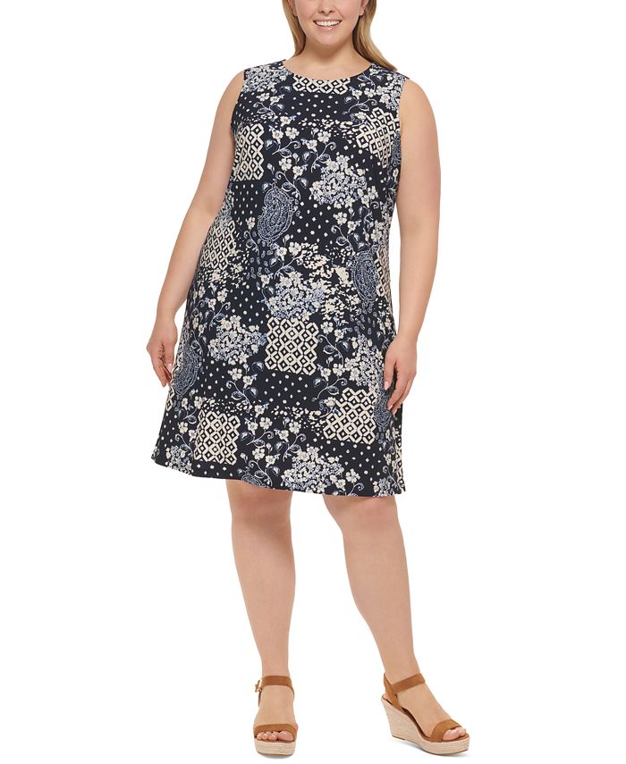 Tommy Hilfiger Women's Bali Patchwork Sheath Dress Black Size Plus