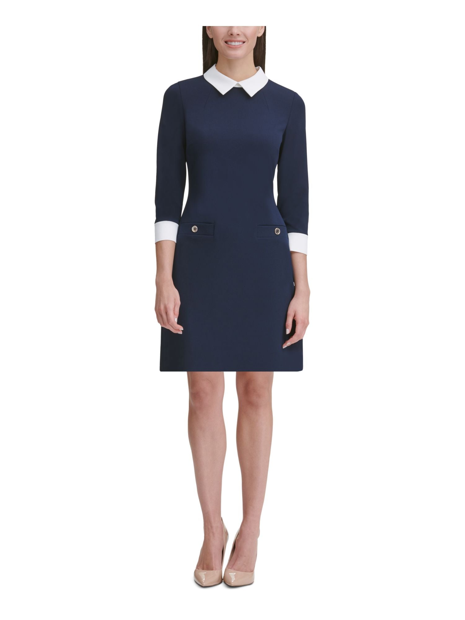 Tommy Hilfiger Women's Long Sleeve Peter Pan Collar Above the Knee Sheath Wear to Work Dress Blue Size 8