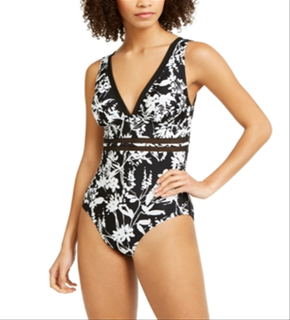 Tommy Hilfiger Women's Printed Removable Soft Cups Mesh Trim Deep V Neck Adjustable One Piece Swimsuit Black Size 18
