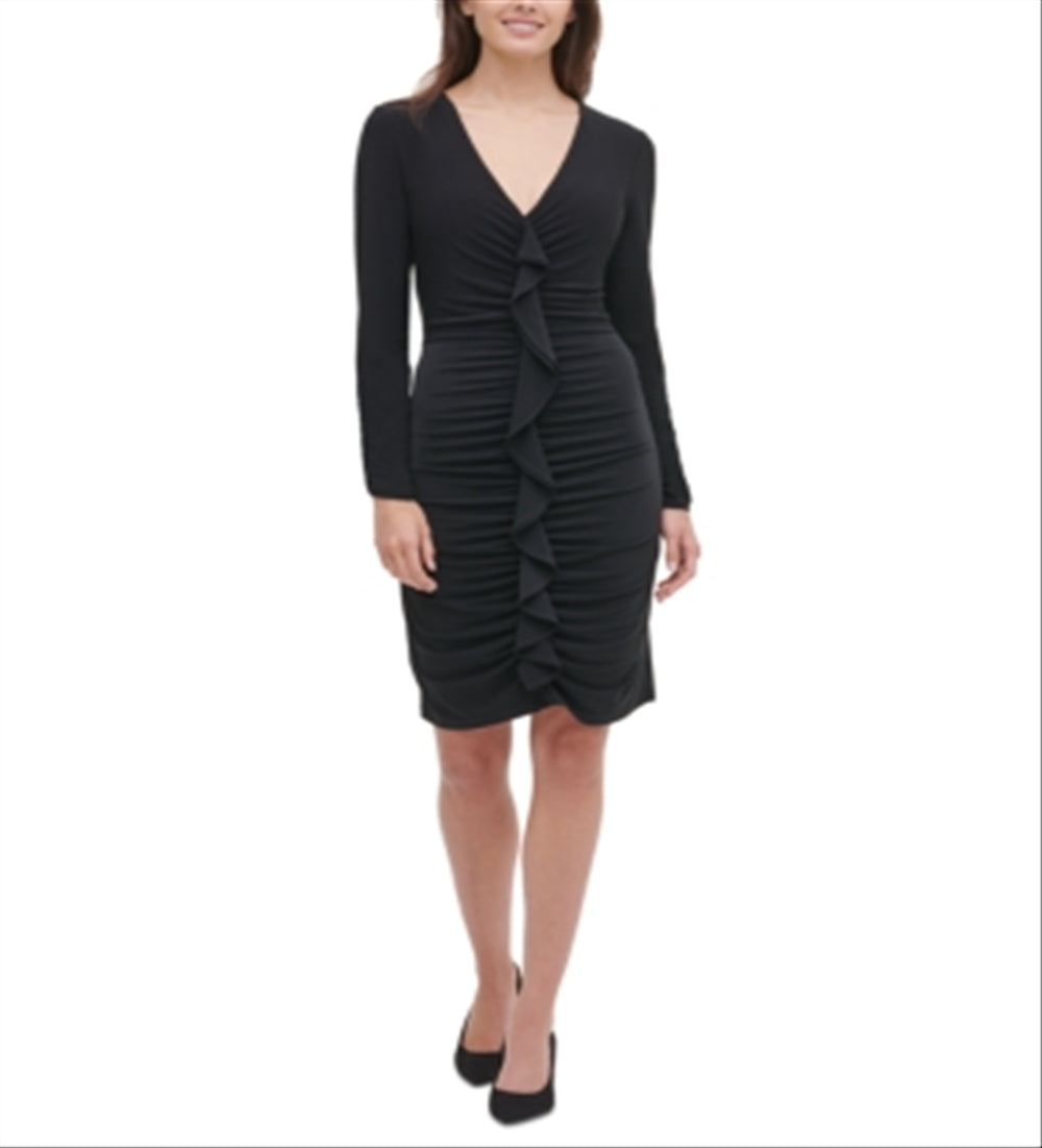 Tommy Hilfiger Women's Ruched Ruffled Long Sleeve V Neck Above the Knee Sheath Cocktail Dress Black Size 8