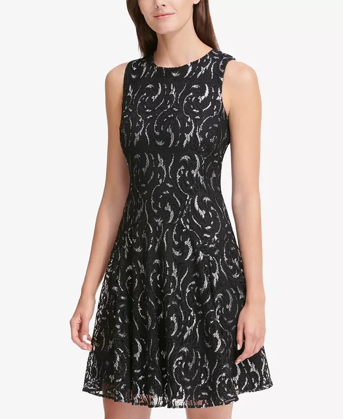 Tommy Hilfiger Women's Silver Printed Sleeveless Jewel Neck Short Fit + Flare Party Dress Black Size Square 18