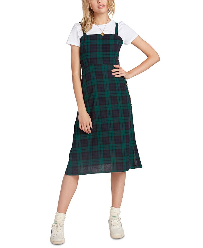 Volcom Junior's Cotton Plaid a Line Dress Green Size S