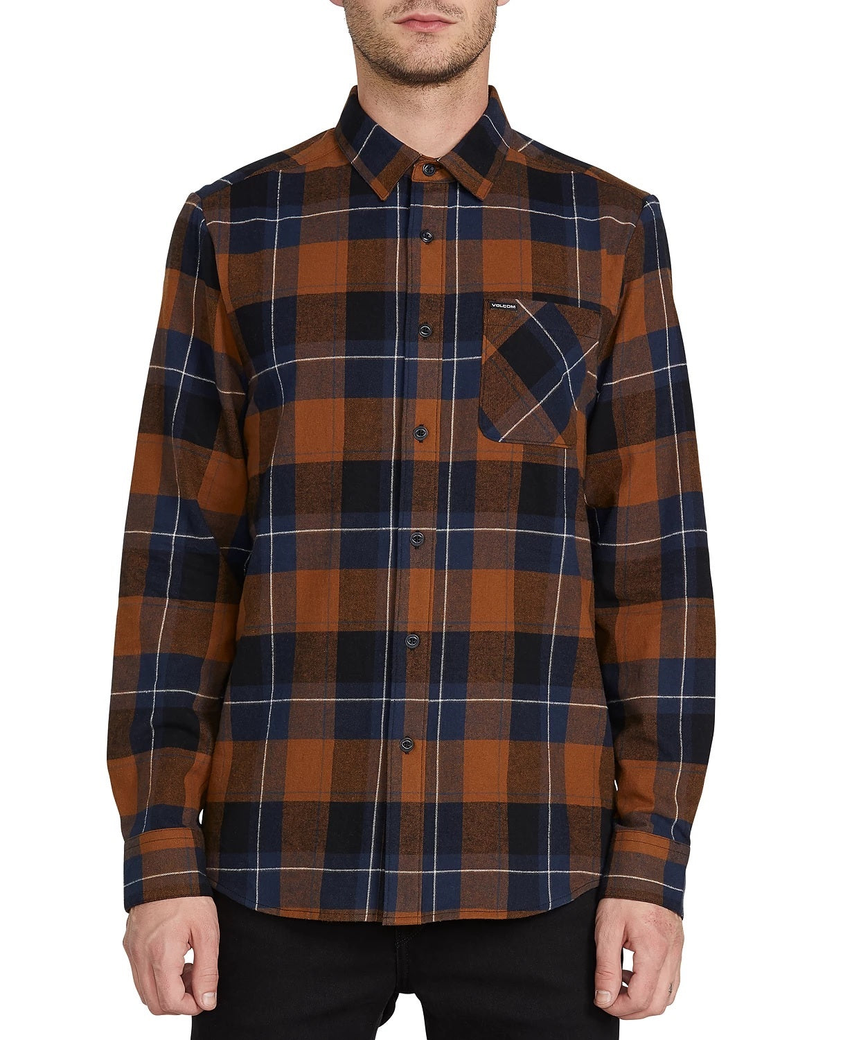Volcom Men's Caden Plaid Long Sleeve Bison Brown Size Small