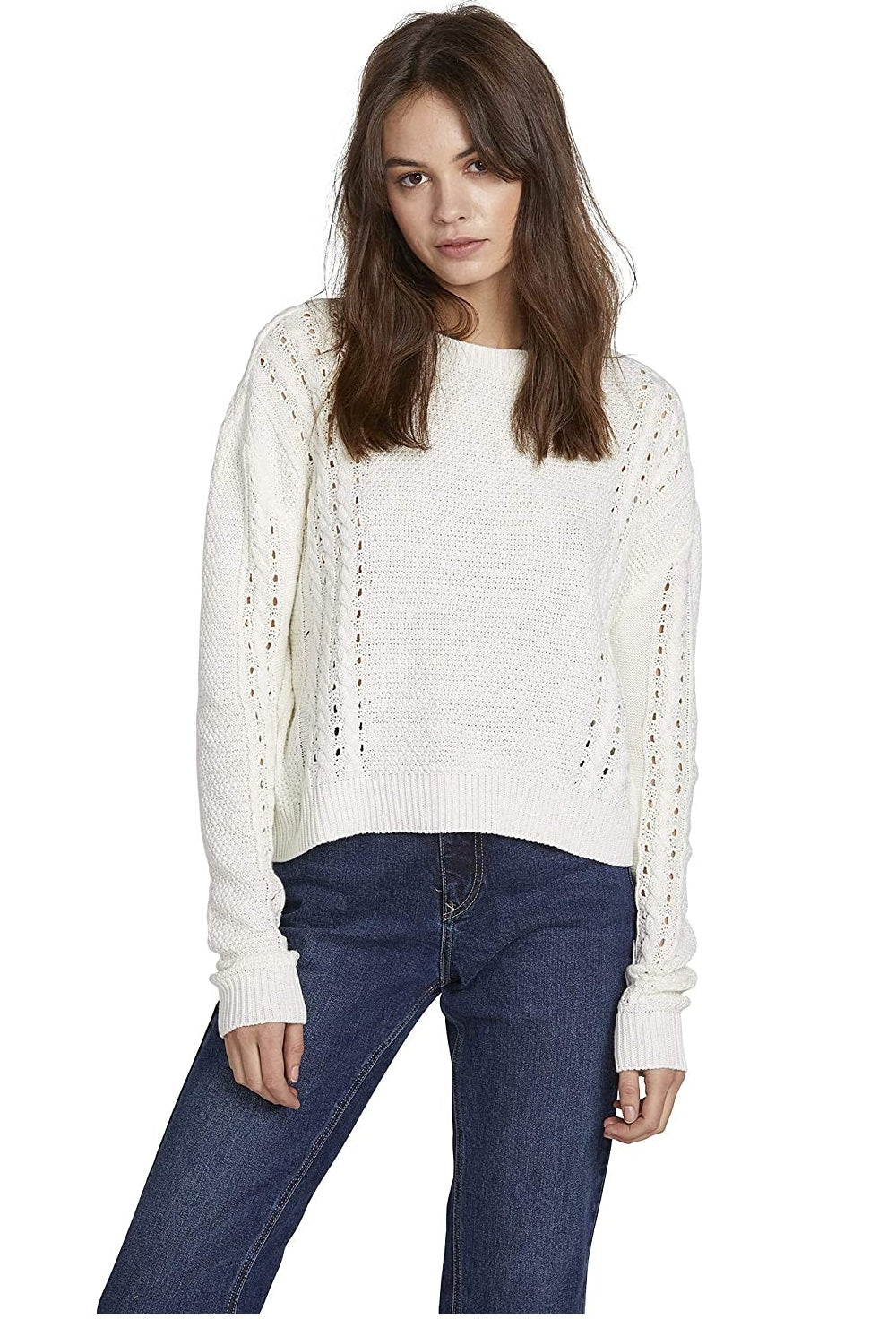 Volcom Women's Cable Bodied Boxy Fit Crew Neck Sweater, Cream Size Small