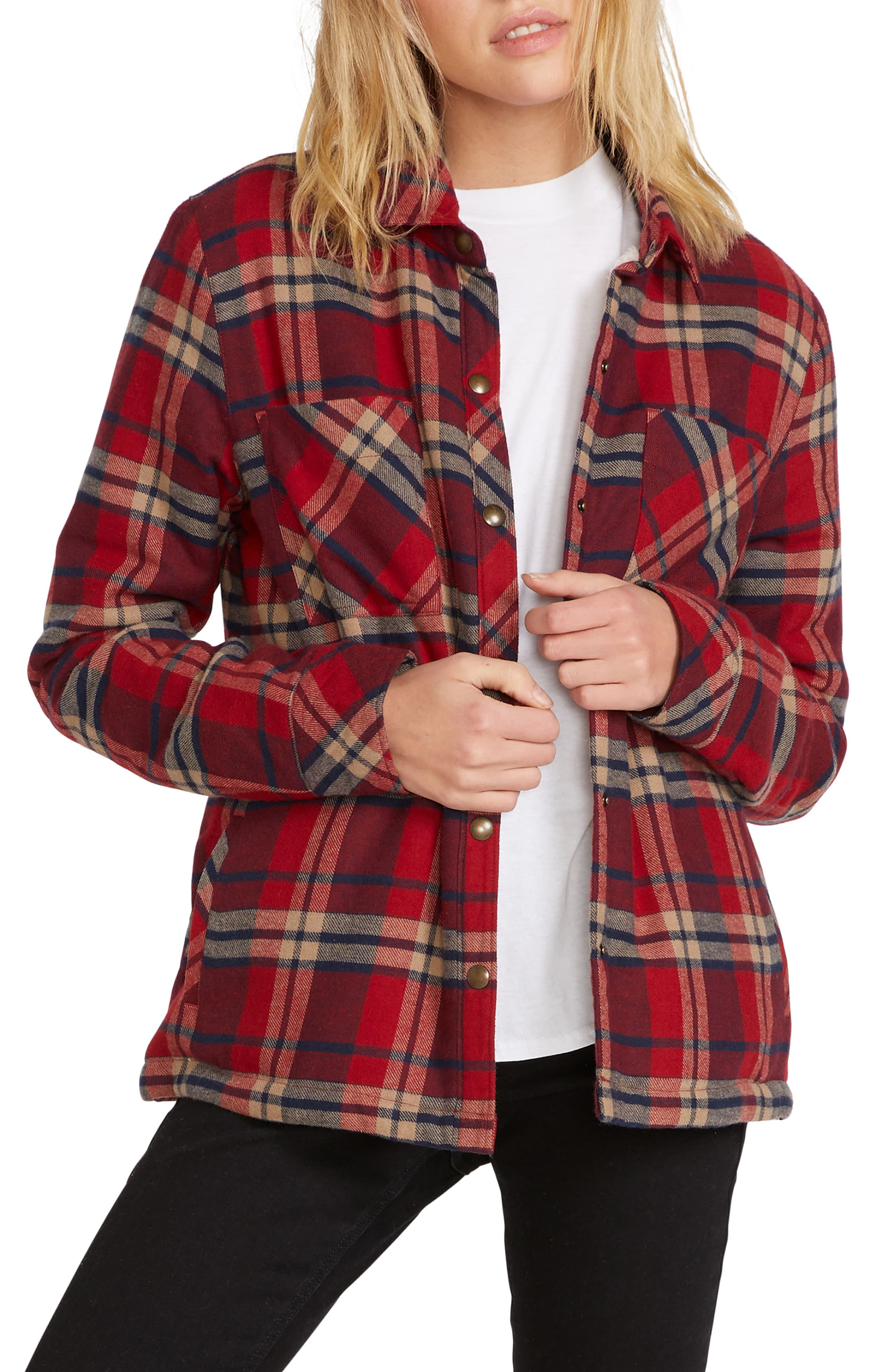 Volcom Women's Plaid About You Long Sleeve Red Size X-Large
