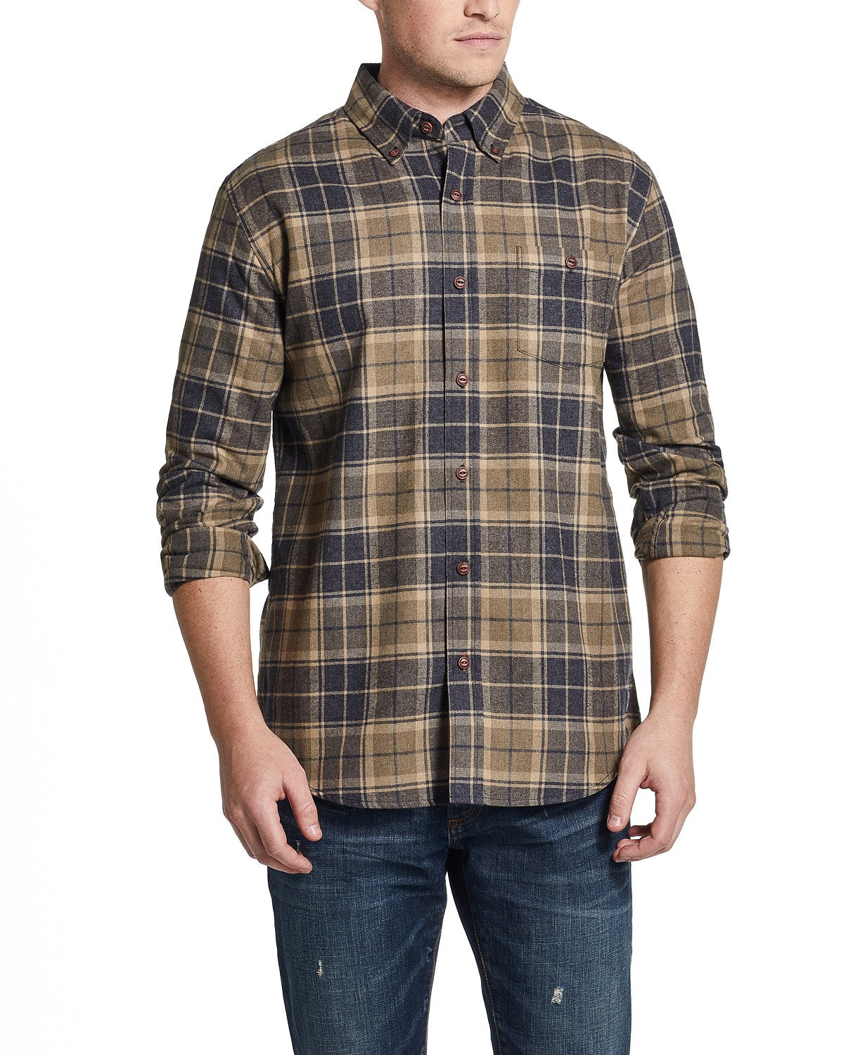 Weather proof Vintage Men's Brushed Flannel Plaid Shirt Cocoa Size Regular