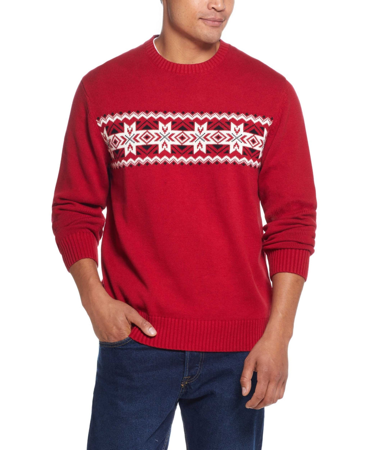 Weatherproof Vintage Men's Chest Stripe Snowflake Crew Sweater Red Size 2XL