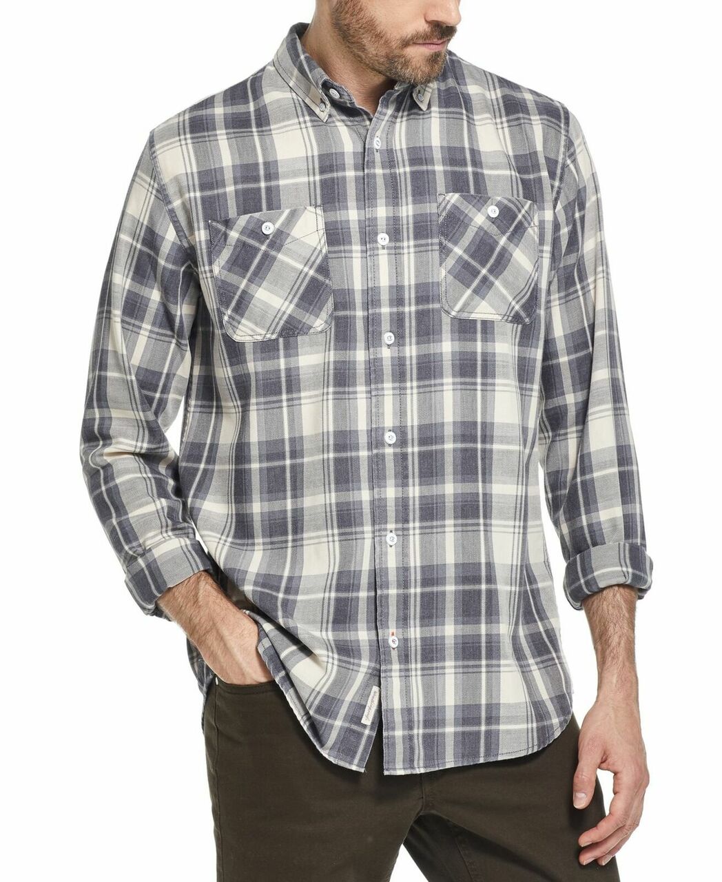 Weatherproof Vintage Men's Indigo Blues Plaid Shirt Gray Size Medium