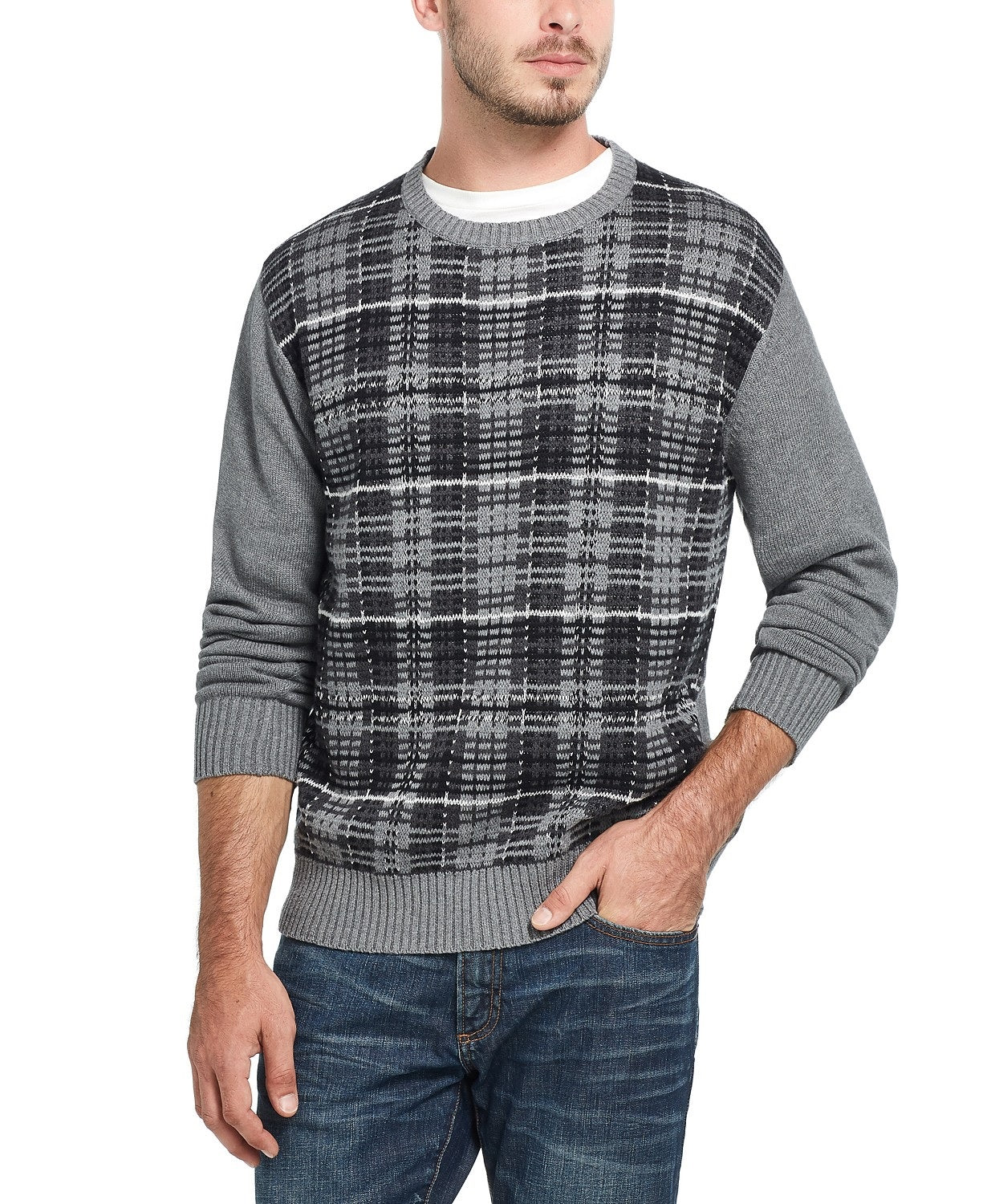 Weatherproof Vintage Men's Plaid Sweater Dark Gray Size Large
