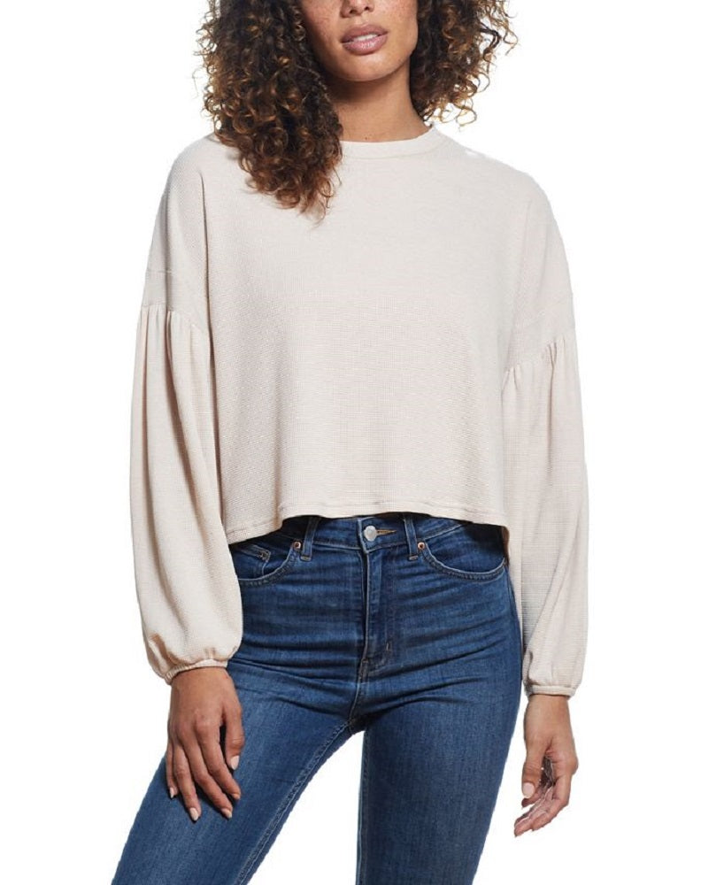 Weatherproof Vintage Women's Drop Shoulder Balloon Sleeve Waffle Crew Neck Top Beige Size X-Large