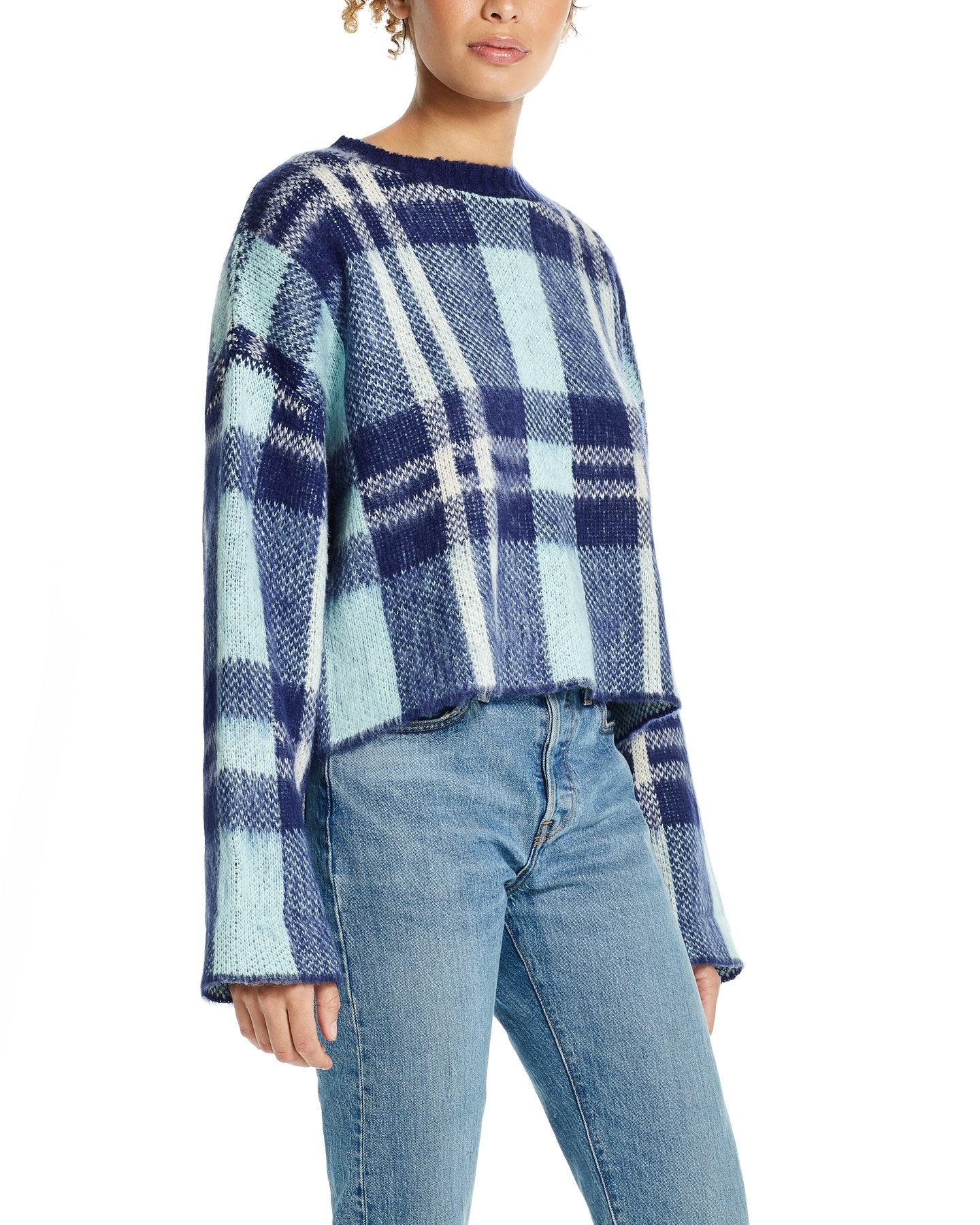 Weatherproof Vintage Women's Plaid Bell Sleeve Sweater Blue Size Large