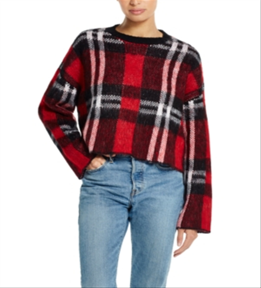 Weatherproof Vintage Women's Plaid Crew Neck Crop Sweater Red Size X-Large