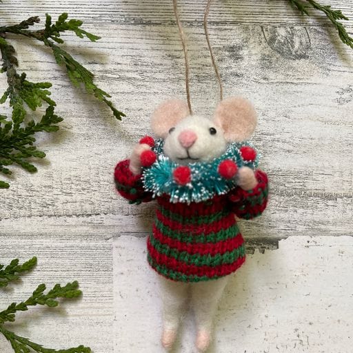 Wool Poseable Mouse Christmas Ornament